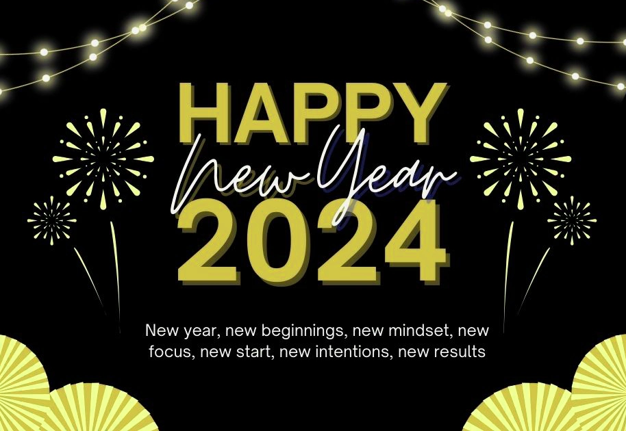 Blue & White Simple Happy New Year 2024 Wishes ^ New Year, New Beginnings, New Mindset, New Focus, New Start, New Intentions, New Results